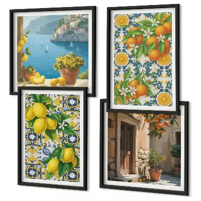 Billedsæt med ramme med motiver af citroner, blomster og appelsiner fra Italien
