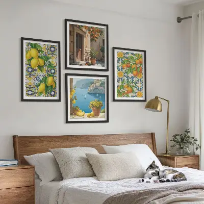 Billedsæt med ramme med motiver af citroner, blomster og appelsiner fra Italien