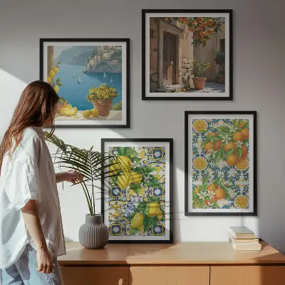 Billedsæt med ramme med motiver af citroner, blomster og appelsiner fra Italien