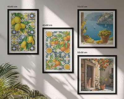Billedsæt med ramme med motiver af citroner, blomster og appelsiner fra Italien