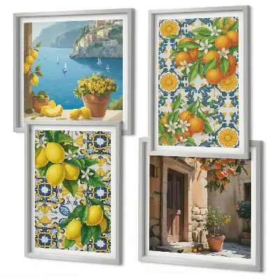 Billedsæt med ramme med motiver af citroner, blomster og appelsiner fra Italien