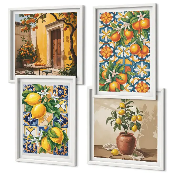 Billedvæg over sofa med blomstermønstre i citron og orange