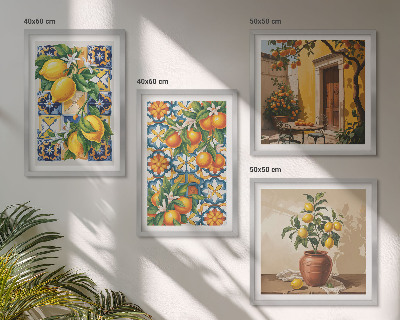 Billedvæg over sofa Citron-orange blomstermønstre
