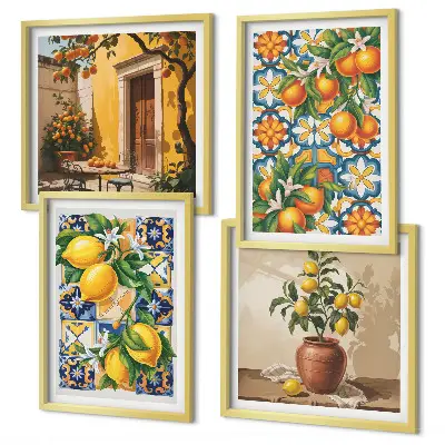 Billedvæg over sofa med blomstermønstre i citron og orange