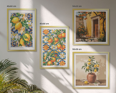 Billedvæg over sofa Citron-orange blomstermønstre