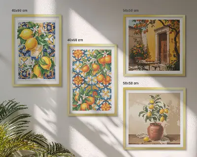 Billedvæg over sofa med blomstermønstre i citron og orange