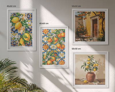 Billedvæg over sofa Citron-orange blomstermønstre