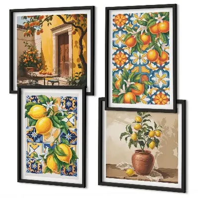 Billedvæg over sofa med blomstermønstre i citron og orange