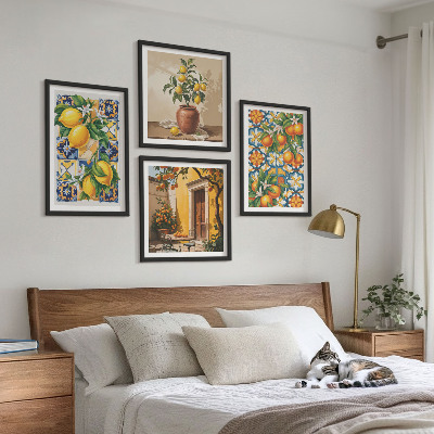Billedvæg over sofa Citron-orange blomstermønstre