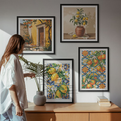 Billedvæg over sofa Citron-orange blomstermønstre