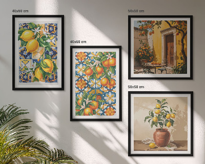 Billedvæg over sofa Citron-orange blomstermønstre