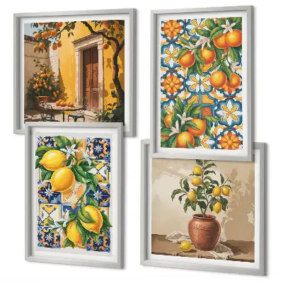 Billedvæg over sofa med blomstermønstre i citron og orange