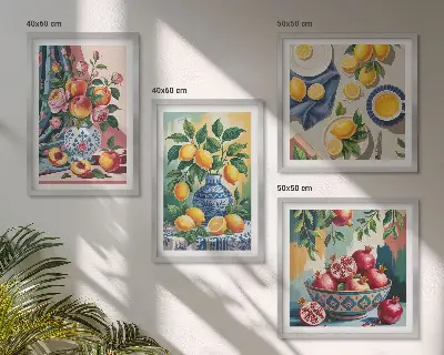 Blomster og frugt i vaser billedvæg til ophæng over sofaen
