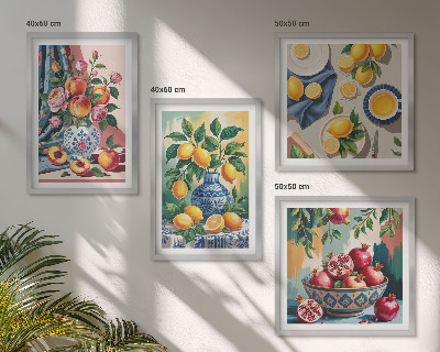 Billedvæg over sofa Blomster og frugt i vaser