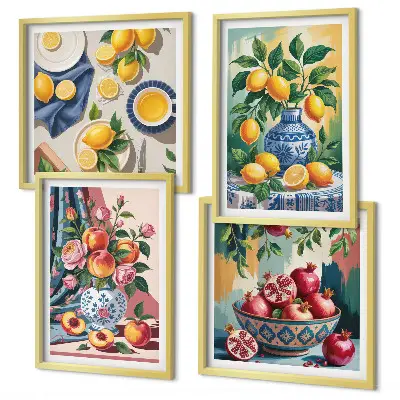 Blomster og frugt i vaser billedvæg til ophæng over sofaen