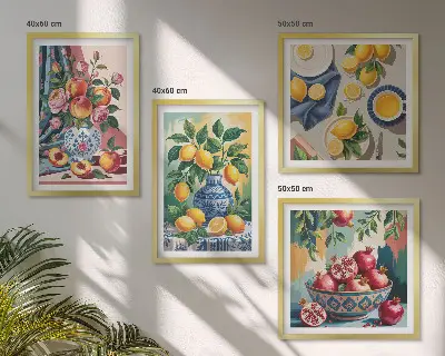 Blomster og frugt i vaser billedvæg til ophæng over sofaen
