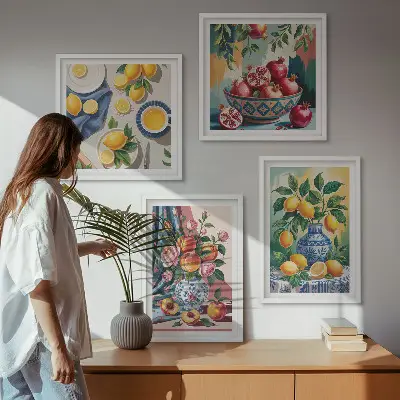 Blomster og frugt i vaser billedvæg til ophæng over sofaen