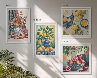 Blomster og frugt i vaser billedvæg til ophæng over sofaen