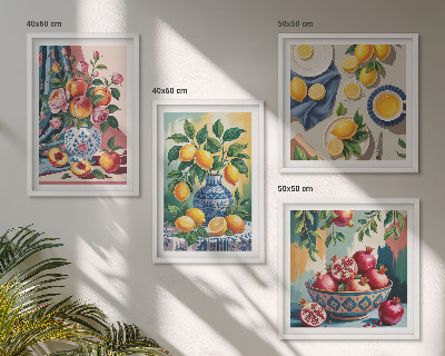 Billedvæg over sofa Blomster og frugt i vaser