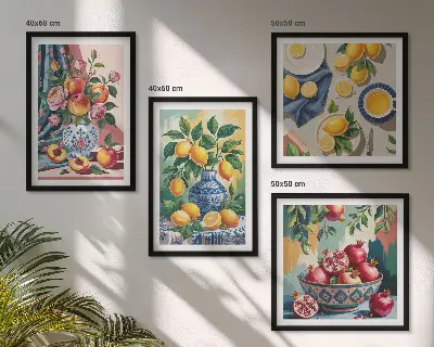 Blomster og frugt i vaser billedvæg til ophæng over sofaen