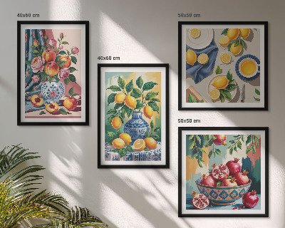 Billedvæg over sofa Blomster og frugt i vaser