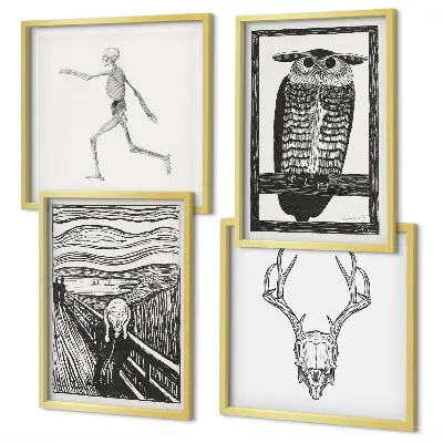 Billedvæg over sofa med motiver af skrig, kranie og ugle