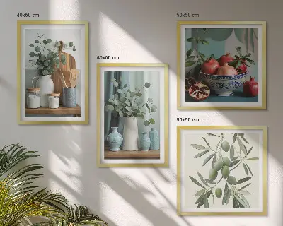 Billedsæt med ramme med motiv af grønne oliven og eukalyptus