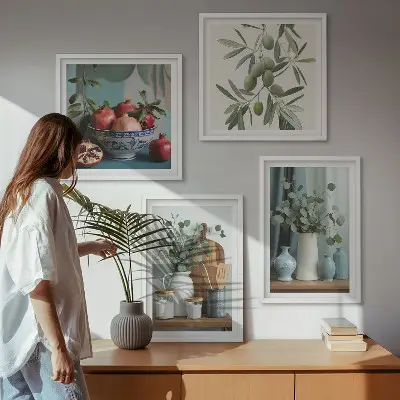 Billedsæt med ramme med motiv af grønne oliven og eukalyptus