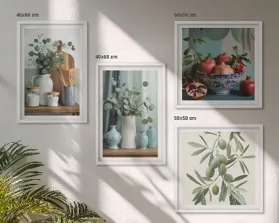 Billedsæt med ramme med motiv af grønne oliven og eukalyptus