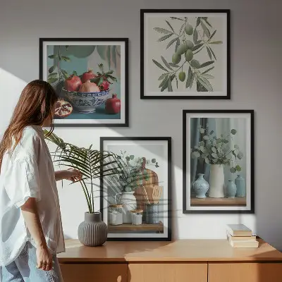 Billedsæt med ramme med motiv af grønne oliven og eukalyptus