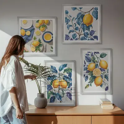 Billedvæg over sofa citrongrene med blå blade