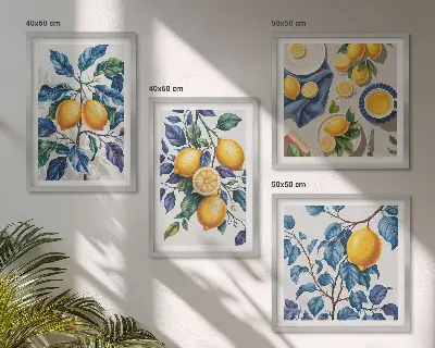 Billedvæg over sofa citrongrene med blå blade
