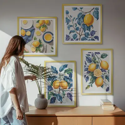 Billedvæg over sofa citrongrene med blå blade