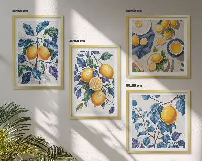 Billedvæg over sofa citrongrene med blå blade