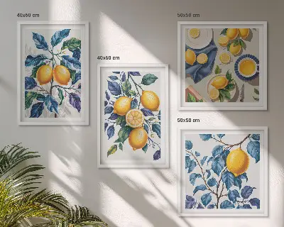Billedvæg over sofa citrongrene med blå blade
