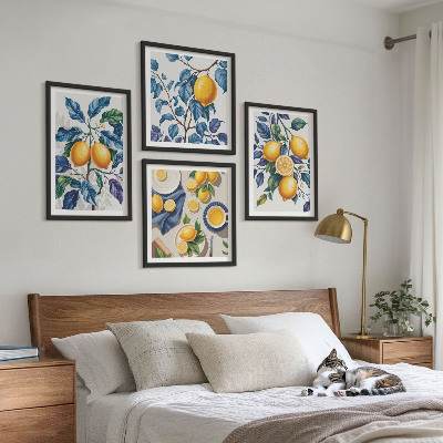Billedvæg over sofa Citrongrene blå blade