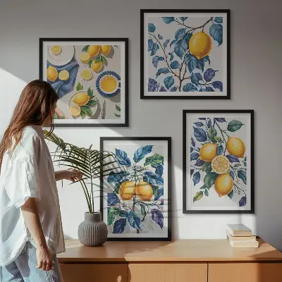 Billedvæg over sofa citrongrene med blå blade