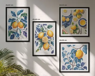 Billedvæg over sofa citrongrene med blå blade