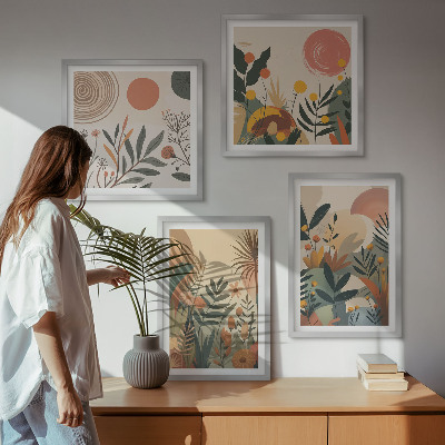 Billedvæg over sofa Plantemotiver i farver