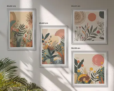 Billedvæg over sofa med plantemotiver i farver