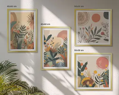 Billedvæg over sofa med plantemotiver i farver