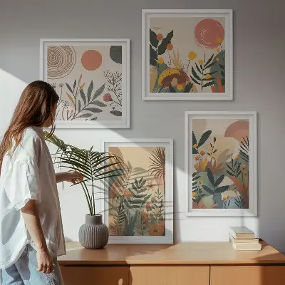 Billedvæg over sofa med plantemotiver i farver