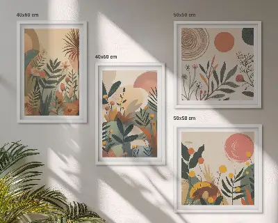 Billedvæg over sofa med plantemotiver i farver