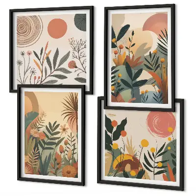 Billedvæg over sofa med plantemotiver i farver