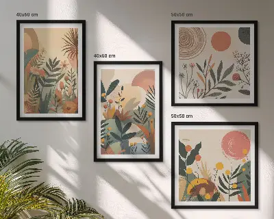 Billedvæg over sofa med plantemotiver i farver