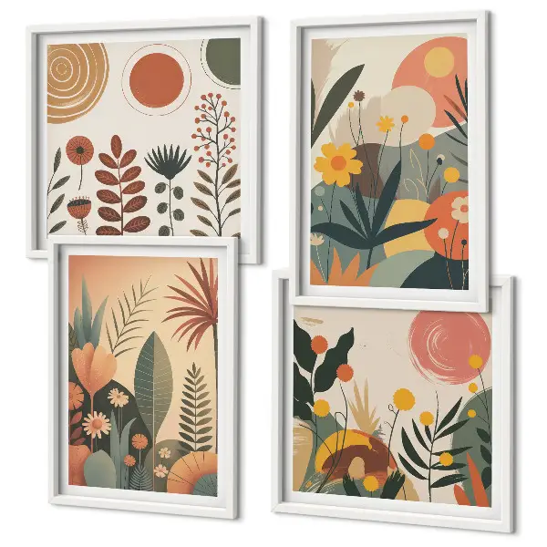 Billedvæg over sofa med boho plante- og varmemønstre