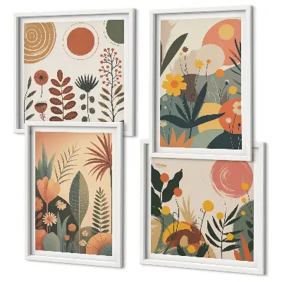 Billedvæg over sofa med boho plante- og varmemønstre