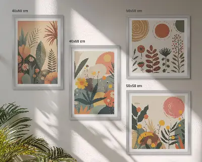 Billedvæg over sofa med boho plante- og varmemønstre