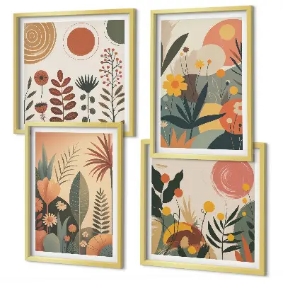 Billedvæg over sofa med boho plante- og varmemønstre