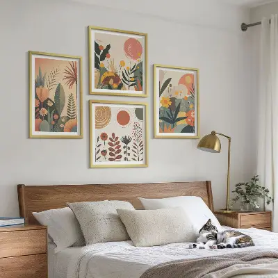 Billedvæg over sofa med boho plante- og varmemønstre